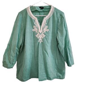 Talbots Green Embroidered Lightweight Cotton Tunic 3/4 Length Sleeve Shirt XLP